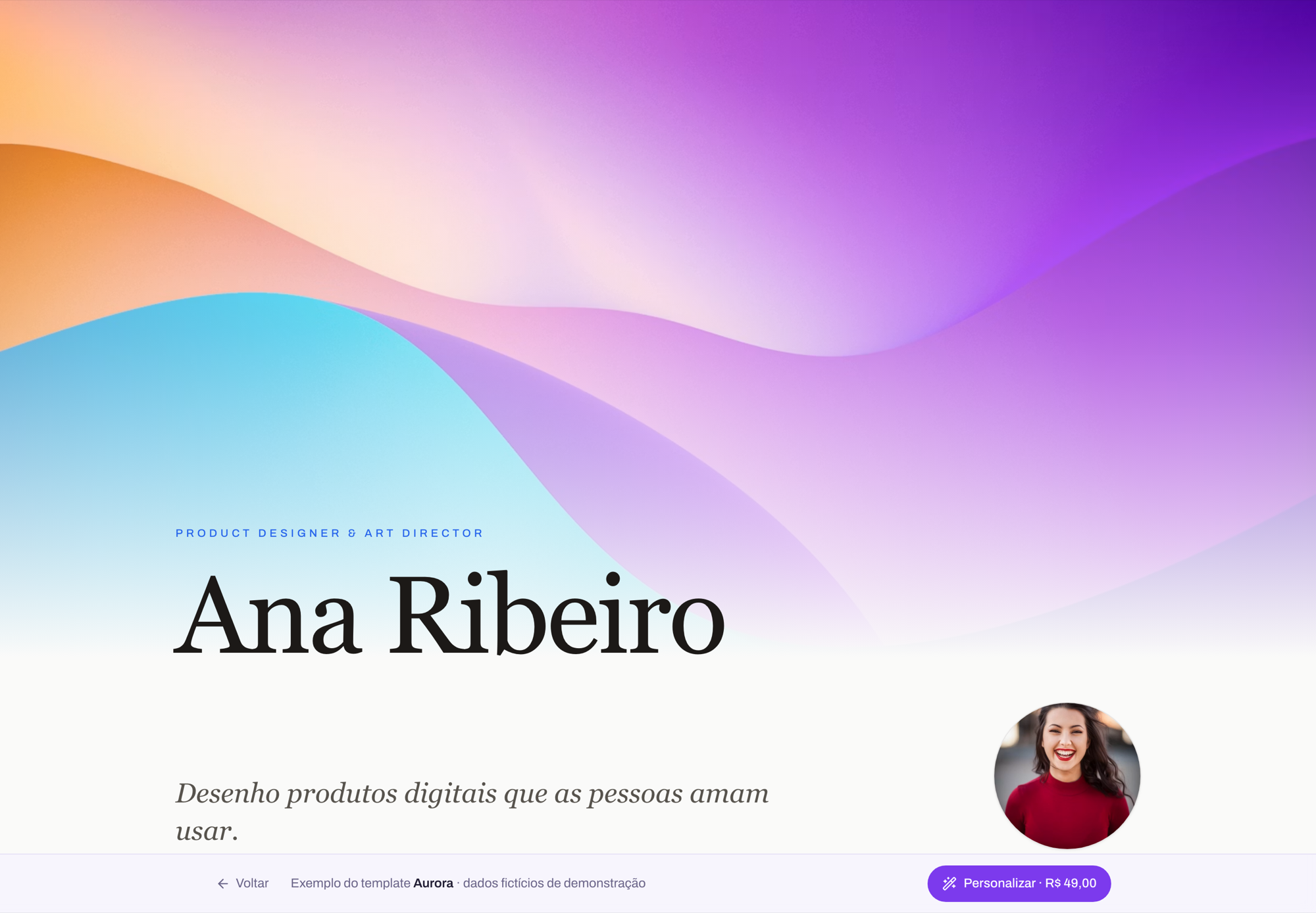 Aurora template preview on Vitrinefolio