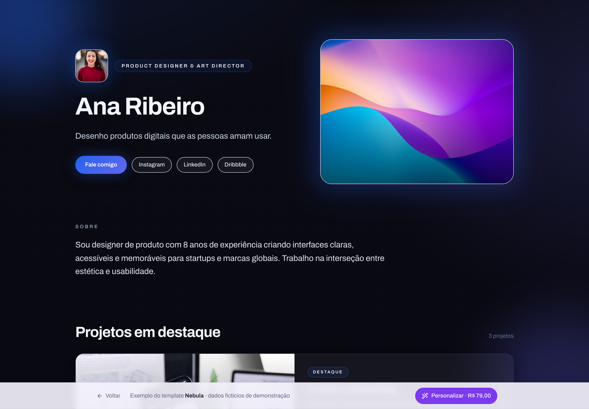 Nebula template preview on Vitrinefolio